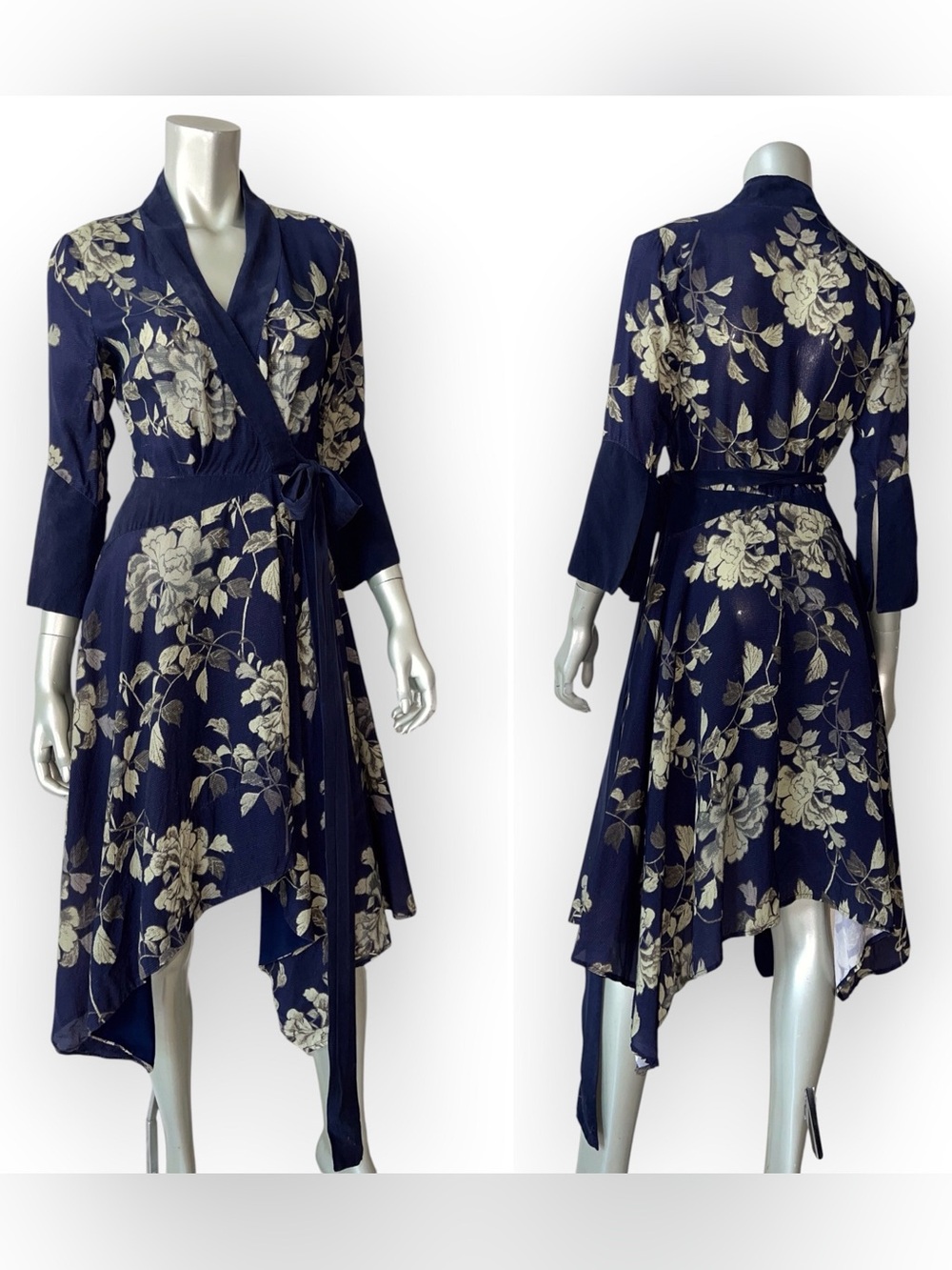 Once Was Melbourne Wrap Dress Small 4 Navy Floral Asymmetrical Handkerchief Hem